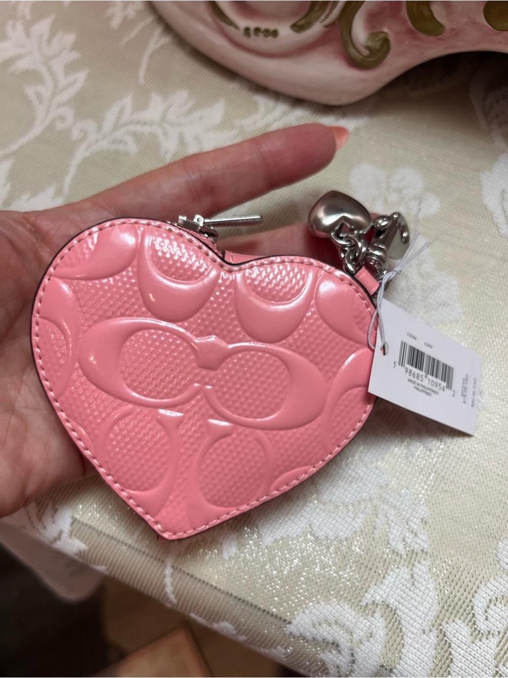 NWT Coach Heart Bag Charm Pink Pearlized Patent Leather CDD04